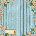 Blue wooden background with flowers