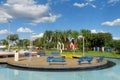 Blue wooden benches in a nice park Royalty Free Stock Photo