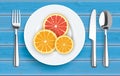 Blue Wooden Board Grapefruit Orange Fork Plate Knife