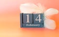 Blue wooden calendar with the date February 14 on a pink background with bird feathers. The Concept Of Valentine`s Day. Background Royalty Free Stock Photo