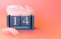 Blue wooden calendar in focus with the date February 14 on a pink background with bird feathers and a place to copy. Concept of Va Royalty Free Stock Photo