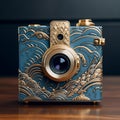 Blue Wooden Camera With Gold Swirls: A Japonism-inspired Masterpiece Royalty Free Stock Photo