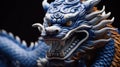 Blue wooden Chinese dragon statuette background. Navy Dragon face of figurine. Royalty Free Stock Photo