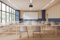 Blue and wooden classroom interior with projection screen Royalty Free Stock Photo