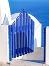 Blue wooden door, entrance to cave house. Santorini