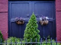 Blue wooden doors on a red brick building with green fir trees. Royalty Free Stock Photo