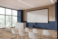 Blue and wooden lecture hall corner with projection screen Royalty Free Stock Photo