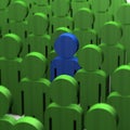 Blue wooden man in green crowd