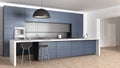 Blue wooden modern minimal kitchen with island, appliances and big pendant lamp in classic apartment with stucco walls and parquet