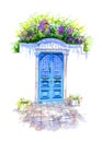 Blue Wooden Old Door To The Garden. Watercolor Illustration.