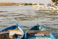 Blue wooden rowing boats. Royalty Free Stock Photo