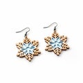 Blue Wooden Snow Flower Earrings With Engraved Ornaments Royalty Free Stock Photo
