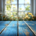 Blue wooden table with a blurry background of a window with a view of a garden Royalty Free Stock Photo