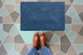 Blue Woolen Door mat with Brown shoes Welcome entry designer doormat