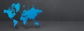 Blue world map on black concrete wall background. 3D illustration. Horizontal banner Royalty Free Stock Photo