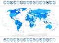 Blue World Map with navigation icons Royalty Free Stock Photo