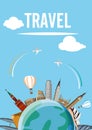 World travel card with worldwide sights and planes.