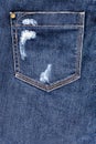 Blue worn jeans pocket close up, ripped jeans pocket background, dark blue damaged denim backdrop, torn jeans pocket pattern