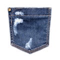 Blue worn jeans pocket white background isolated close up, ripped jeans pocket, dark blue damaged denim pocket, torn jeans pattern