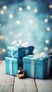 Blue-Wrapped Presents on a Wooden Table