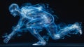 Blue x-ray mannequin figure with action fly and jump pose set against black background. 3D rendering illustration.