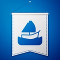 Blue Yacht sailboat or sailing ship icon isolated on blue background. Sail boat marine cruise travel. White pennant Royalty Free Stock Photo