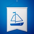 Blue Yacht sailboat or sailing ship icon isolated on blue background. Sail boat marine cruise travel. White pennant Royalty Free Stock Photo