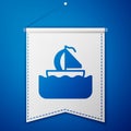 Blue Yacht sailboat or sailing ship icon isolated on blue background. Sail boat marine cruise travel. White pennant Royalty Free Stock Photo