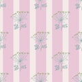 Blue yarrow outline silhouettes seamless doodle pattern. Pink pastel striped background. Summer print