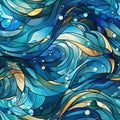 Blue and yellow abstract background of waves and bubbles (tiled)