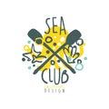 Blue and yellow abstract marine illustration with paddles and underwater objects for sea club logo design. Hand drawn