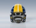 Blue and yellow American football helmet isolated on grey mockup 3D rendering
