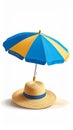Blue and Yellow Beach Umbrella with Straw Hat on Sand Royalty Free Stock Photo