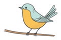 Blue and yellow bird perched on branch. Cute cartoon avian illustration. Simple wildlife and nature drawing vector Royalty Free Stock Photo