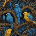 Blue and yellow birds sitting on old tree branches on dark background.