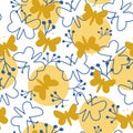 Blue and yellow butterfly shape and silhouette pattern, repeat seamless vector pattern tile with dots and white backround.