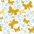 Blue and yellow butterfly shape and silhouette pattern, repeat seamless vector pattern tile with white backround.