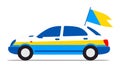 Blue and yellow car with flag, side view of vehicle illustration. Patriotic auto, national colors, transportation design