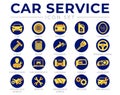 Blue Yellow Car Service Round Icons Set with Battery, Oil, Gear Shifter, Filter, Polishing, Key, Steering Wheel, Diagnostic, Wash