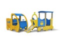 Blue and yellow car and train playground for kids 3d render on white background with shadow