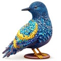 Blue and yellow ceramic bird isolated on white background. 3d rendering AI generated