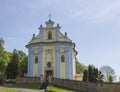 Blue and yellow church in baroque style in horni prysk in czech