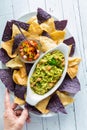Blue And Yellow Corn Tortilla Chips Served With Homemade Guacamole And Salsa.