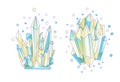 Blue and yellow crystal, cartoon cute vector Quartz illustration. Quartz Crystal druse, blue princess grain on wihte