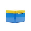 Blue and yellow cubic container with a simple handle, isolated on white Royalty Free Stock Photo