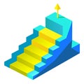 Blue and yellow 3D steps with a yellow arrow pointing up. Steps lead to a higher point or goal. This design can relate to a