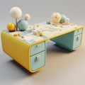 Blue And Yellow Desk With Delicately Rendered Landscapes And Puzzle-like Elements