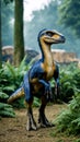 A blue and yellow dinosaur standing in the middle of a forest Royalty Free Stock Photo