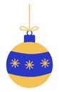 Blue yellow festive ball with snowflakes, Christmas tree decoration toy, hanging on rope, vector Royalty Free Stock Photo