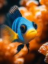 A blue and yellow fish is swimming in a coral reef Royalty Free Stock Photo